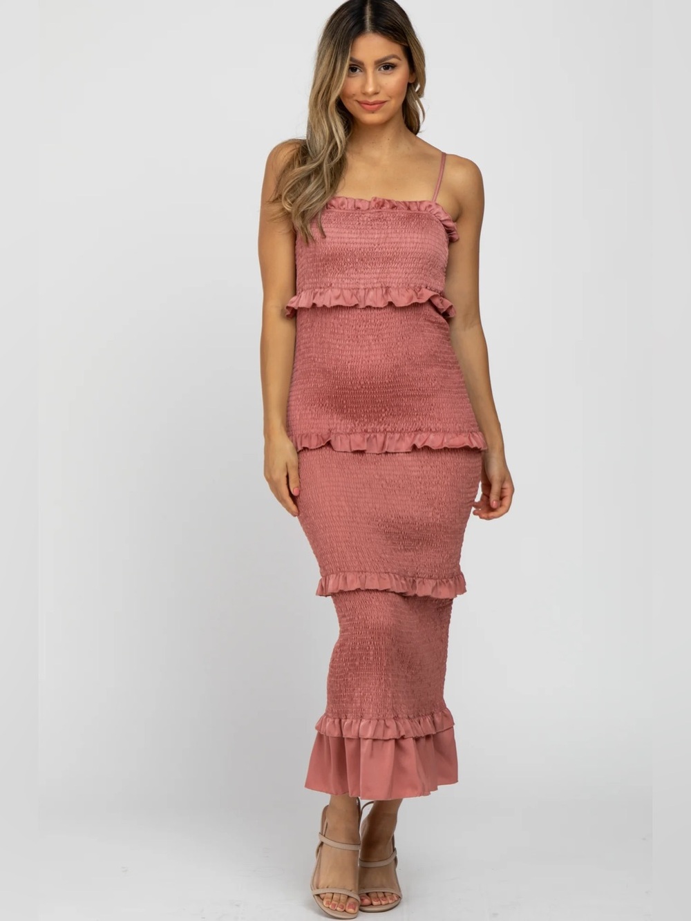 PinkBlush Mauve Satin Smocked Fitted Maternity Midi Dress